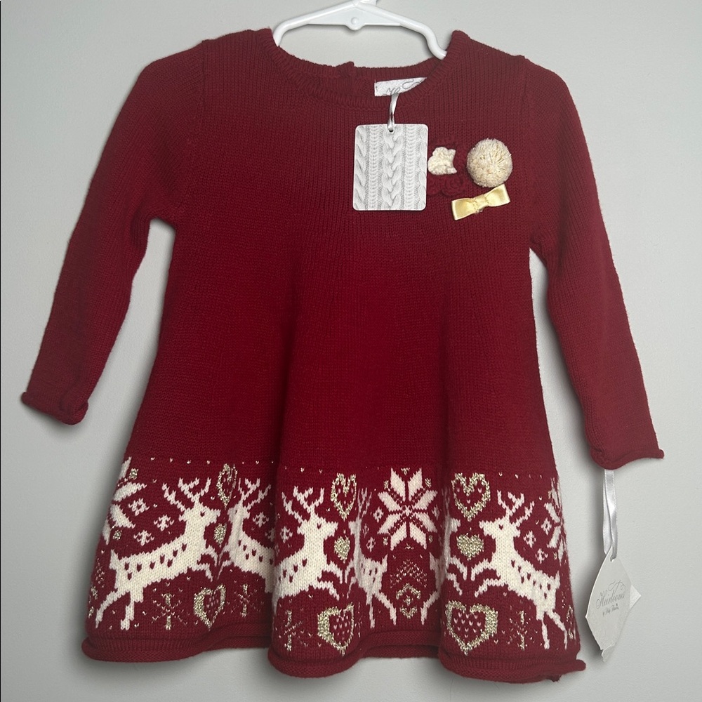Heirlooms by Polly Flinders Red Knit Christmas Reindeer Sweater Dress Size 12M